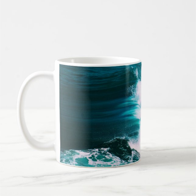 Person on surfboard with ocean waves coffee mug (Left)