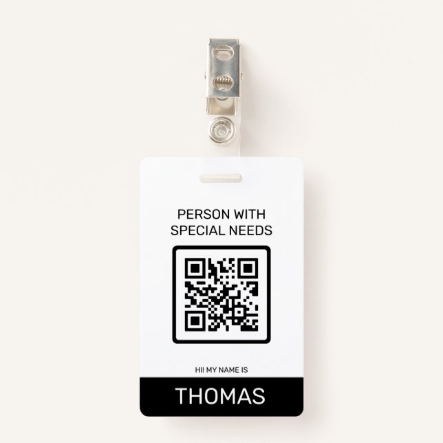 Person With Special Needs QR Code and Other Info ID Badge (Front with Clip)