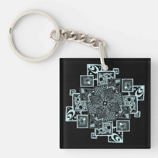 PersonaBlack and white textured line tangle design Key Ring (Front)