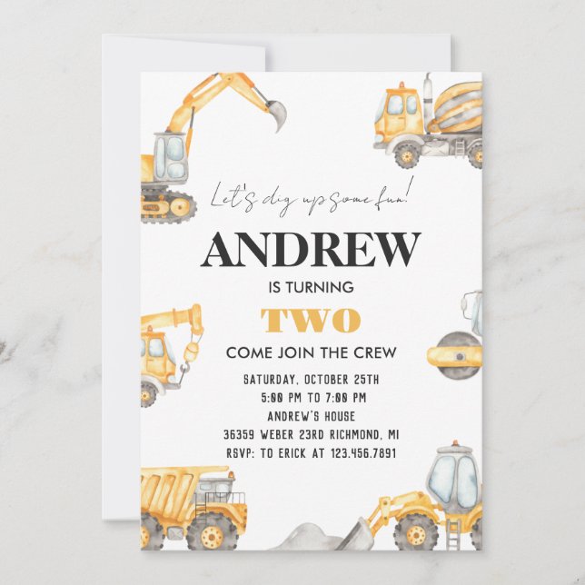 Personal A Modern Construction Boy Digger Birthday Invitation (Front)