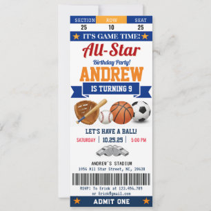 Personal All Star Sport Birthday Ticket for kid Invitation