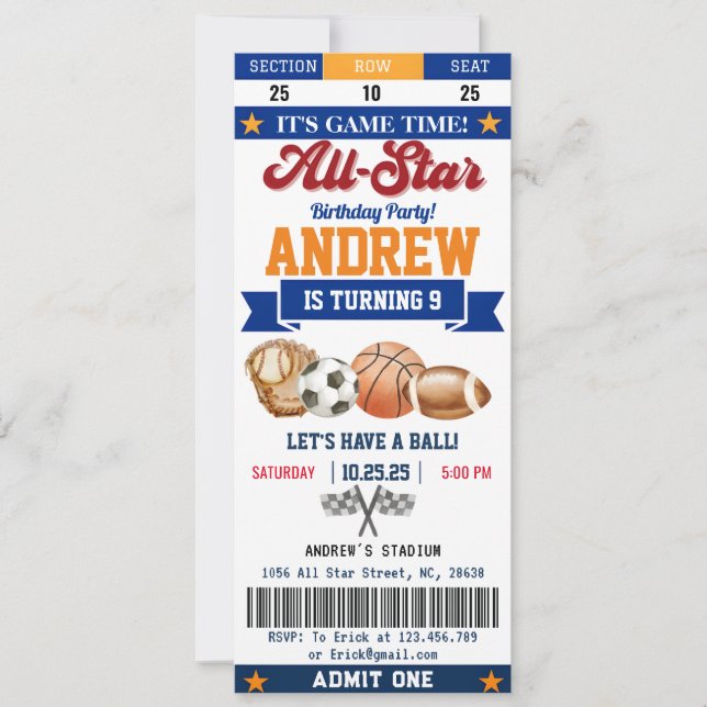 Personal All Star Sport Birthday Ticket for kid Invitation (Front)
