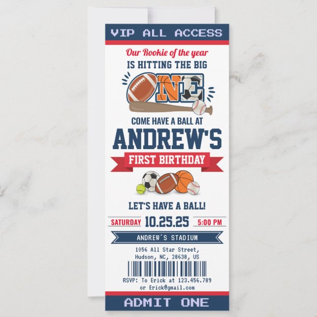 Personal All Star Sport First Birthday Ticket Invitation (Front)