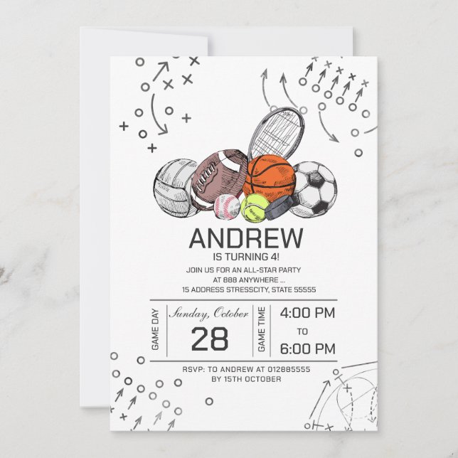 Personal All Star Sports Birthday Invitation (Front)