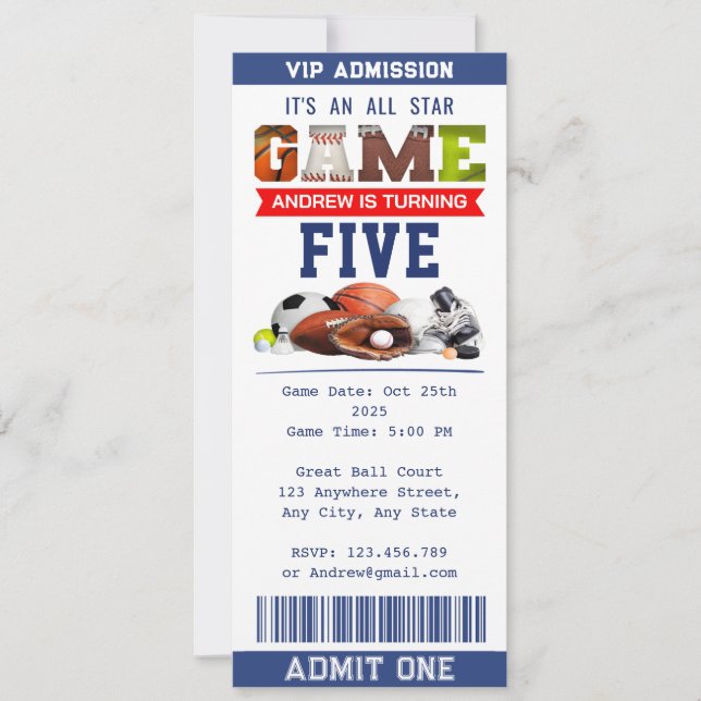 Personal All Star Sports Ticket Birthday Invitation (Front)