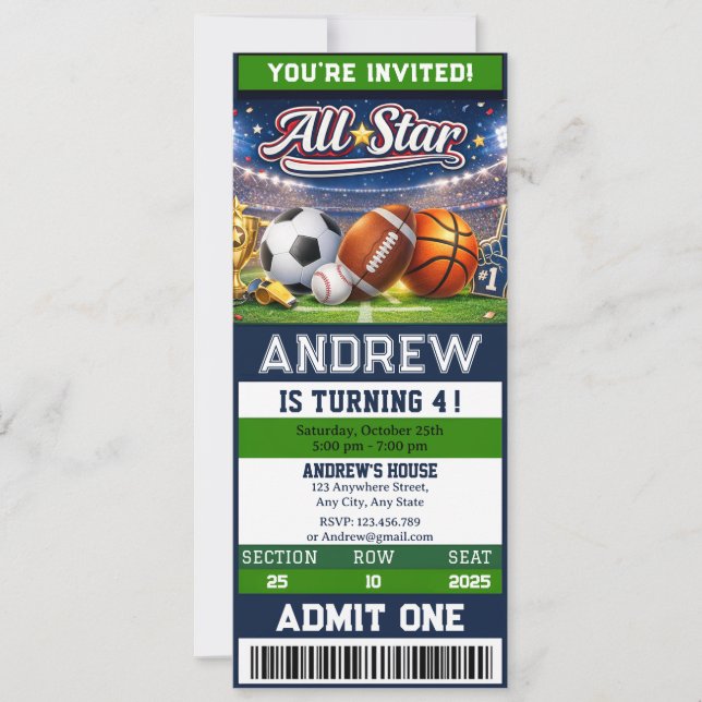 Personal All Star Sports Ticket Birthday Invitation (Front)