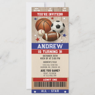 Personal All Stars Sports Ticket Birthday Invitation