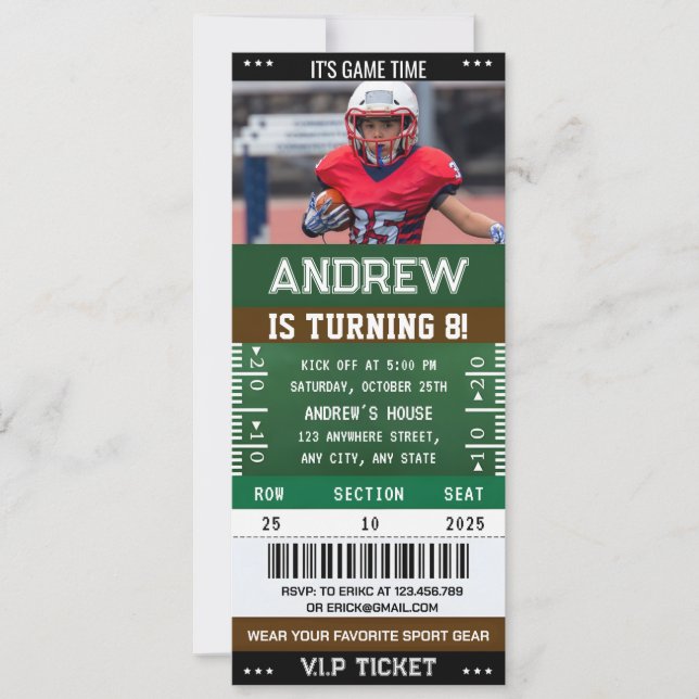 Personal American Football Ticket birthday Photo Invitation (Front)
