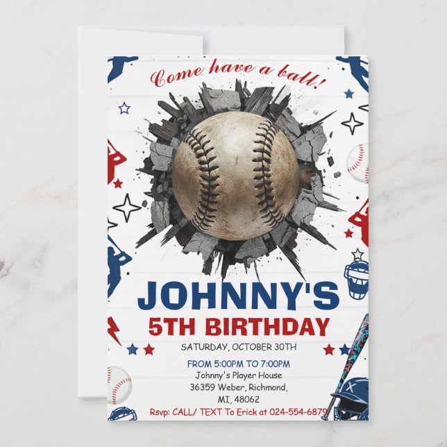 Personal Baseball Birthday Party Invitation (Front)