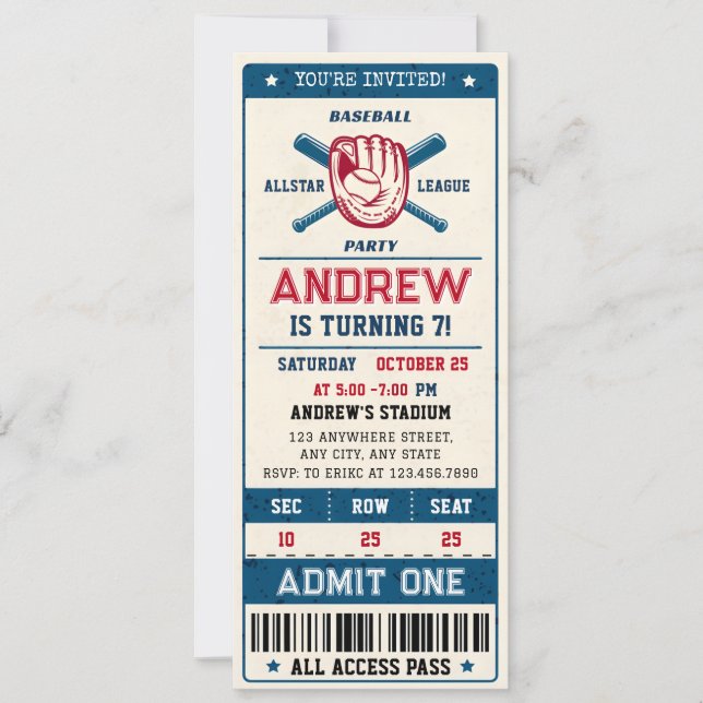 Personal Baseball Sports Vintage Ticket Style Invitation (Front)