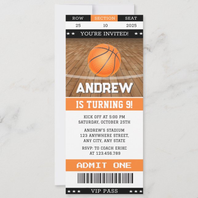 Personal Basketball Birthday Ticket ANY Age Invitation (Front)