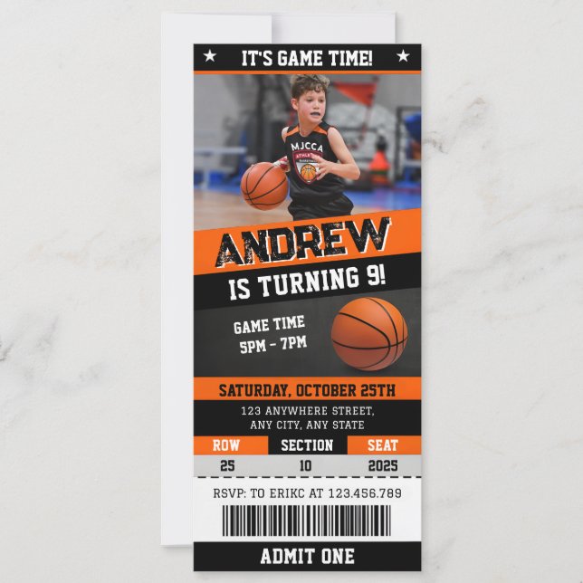 Personal Basketball Birthday Ticket With Image Invitation (Front)