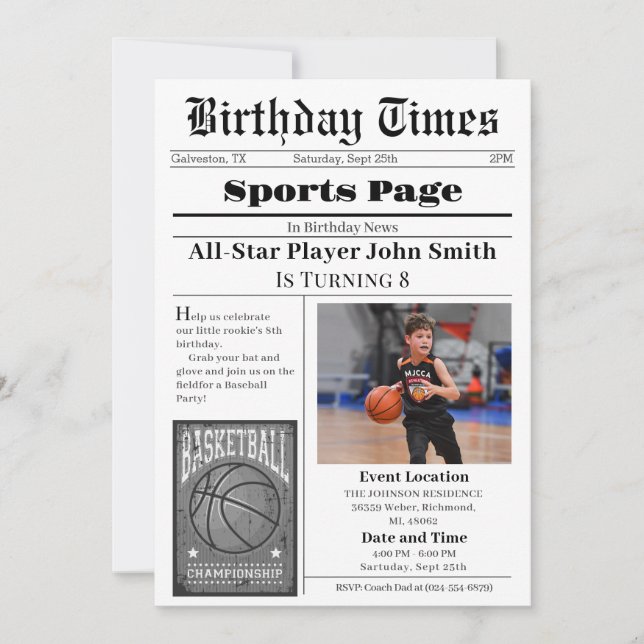 Personal Basketball Birthday with Photo Invitation (Front)