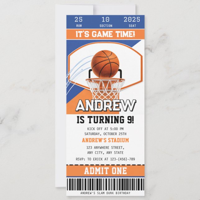 Personal Basketball Courtside Birthday Ticket Invitation (Front)