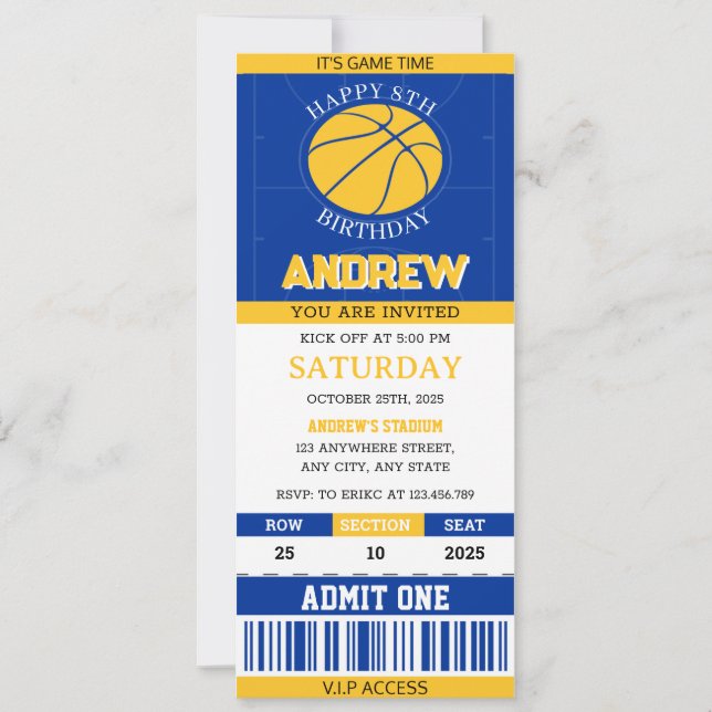 Personal Basketball Ticket Blue & Yellow Birthday Invitation (Front)