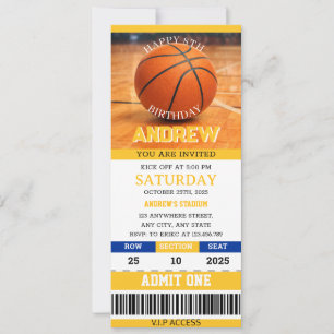 Personal Basketball Ticket Blue & Yellow Birthday Invitation
