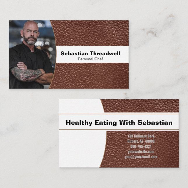 Personal Chef Brown Leather Custom Photo Business Card (Front/Back)