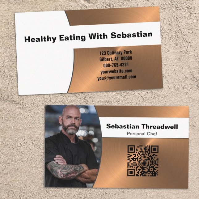 Personal Chef Brushed Copper Custom Photo QR Code Business Card (Creator Uploaded)