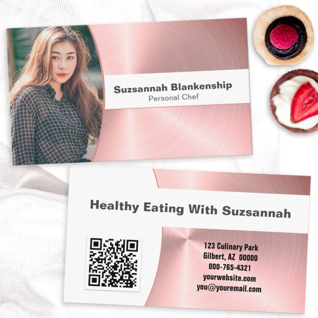 Personal Chef Brushed Pink Metal Photo QR Code Business Card (Creator Uploaded)