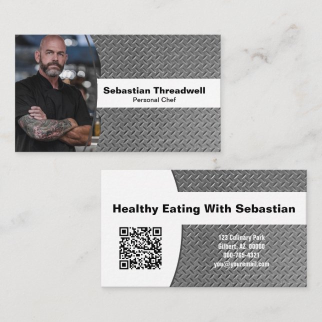 Personal Chef Diamond Plate Custom Photo QR Code  Business Card (Front/Back)