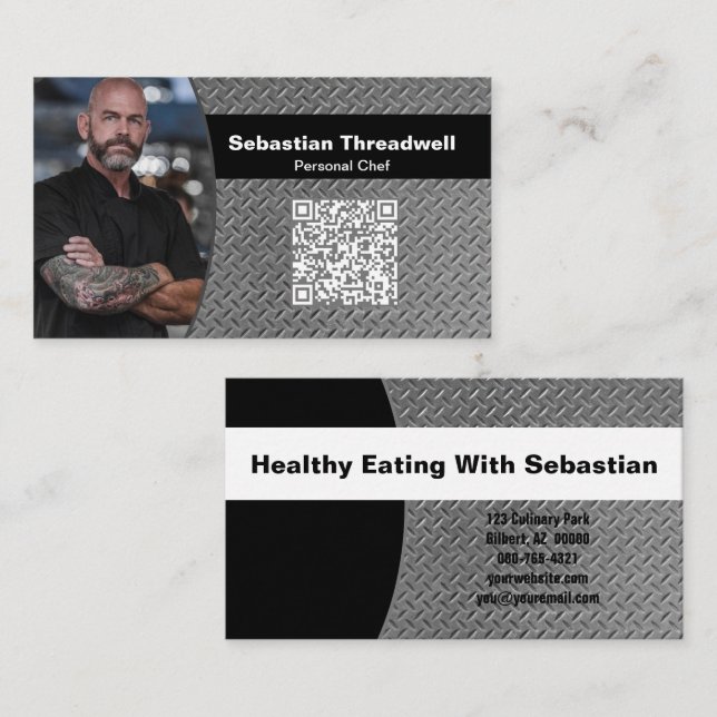 Personal Chef Diamond Plate Custom Photo QR Code  Business Card (Front/Back)