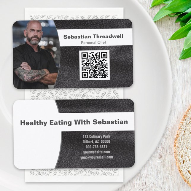 Personal Chef Faux Leather Custom Photo QR Code Business Card (Creator Uploaded)