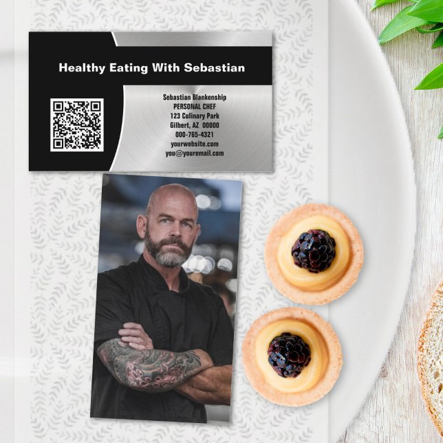 Personal Chef Faux Steel Custom Photo QR Code Business Card (Creator Uploaded)