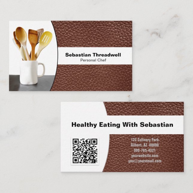 Personal Chef Leather Custom Photo QR Code Business Card (Front/Back)