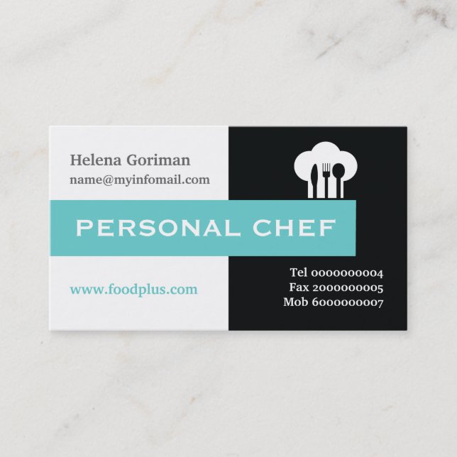 Personal chef minimalist black, white, aqua business card (Front)