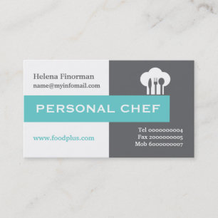 Personal chef minimalist grey, white, aqua business card
