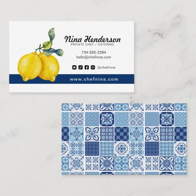 Personal Chef or Restaurant Lemon & Blue Tile Business Card (Front/Back)