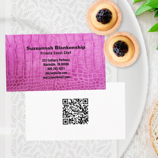 Personal Chef Pink Leather Texture QR Code Custom  Business Card (business card template front and back)