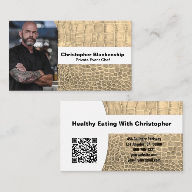 Personal Chef Tan Snake Skin Custom Photo QR Code  Business Card (Front/Back)