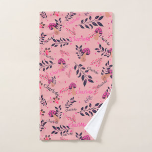 Personal Child's Name Pink Mushrooms and Forest Hand Towel