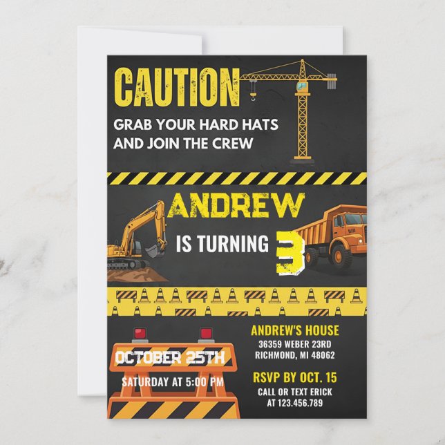 Personal Construction Yellow Building Birthday  Invitation (Front)