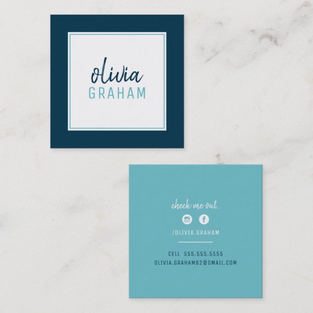 PERSONAL CONTACT bold border aqua dark navy blue Square Business Card (Front/Back)