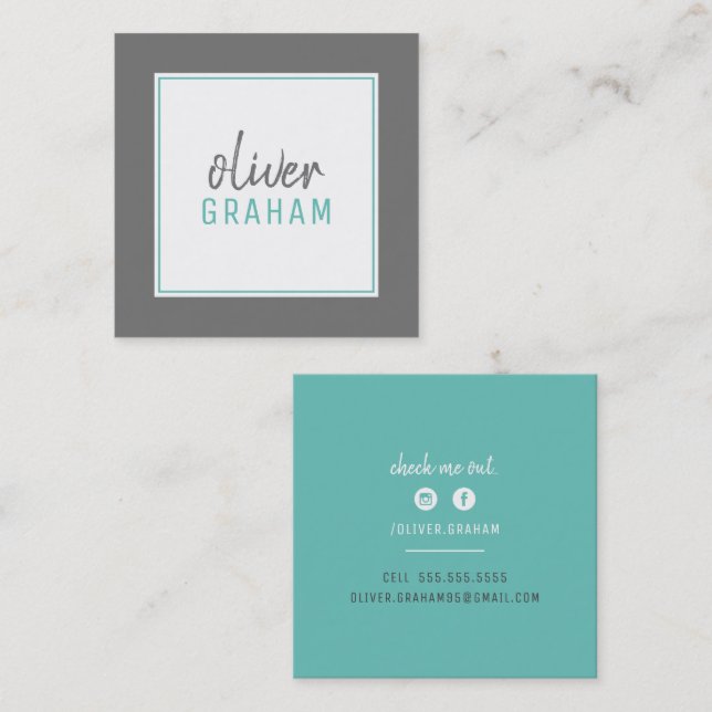 PERSONAL CONTACT bold border lime green turquoise Square Business Card (Front/Back)