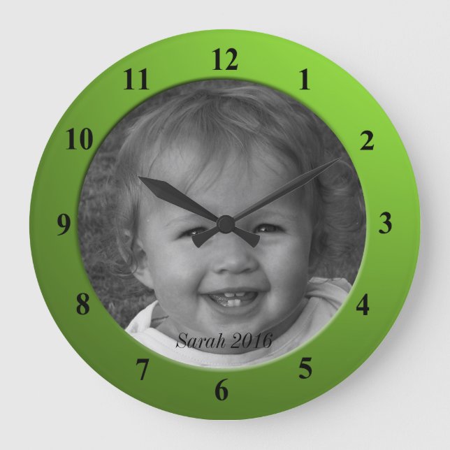 Personal Custom Photo and Text Lime Green Frame Large Clock (Front)