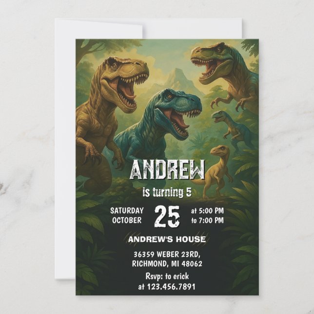 Personal Dinosaur T-Rex Birthday Party Invitation (Front)