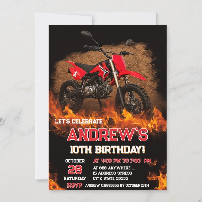 Personal Fire Motocross Dirt Bike Birthday party Invitation (Front)