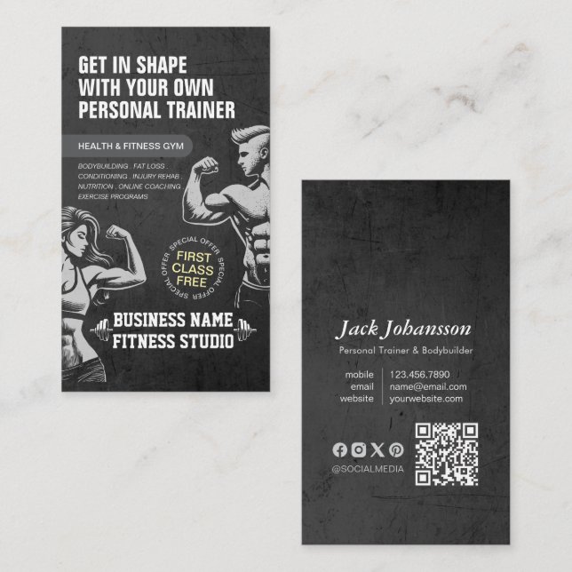 Personal Fitness Trainer Bodybuilding Gym Dumbbell Business Card (Front/Back)