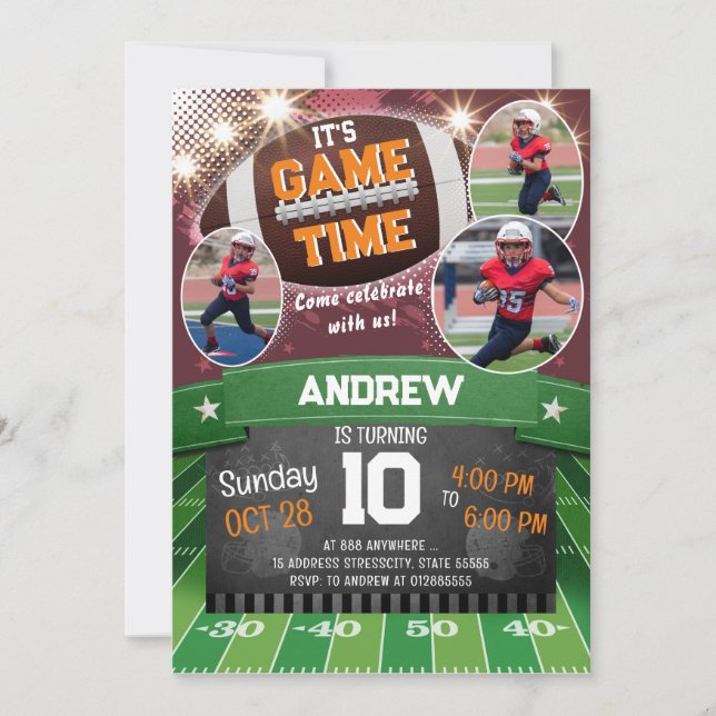Personal football birthday party with photo invitation (Front)