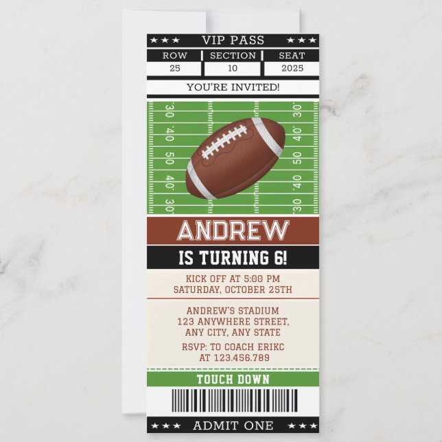 Personal Football Fan's Birthday Ticket Invitation (Front)