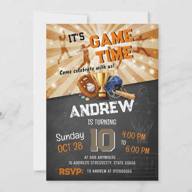 Personal modern all star sports birthday invitation (Front)