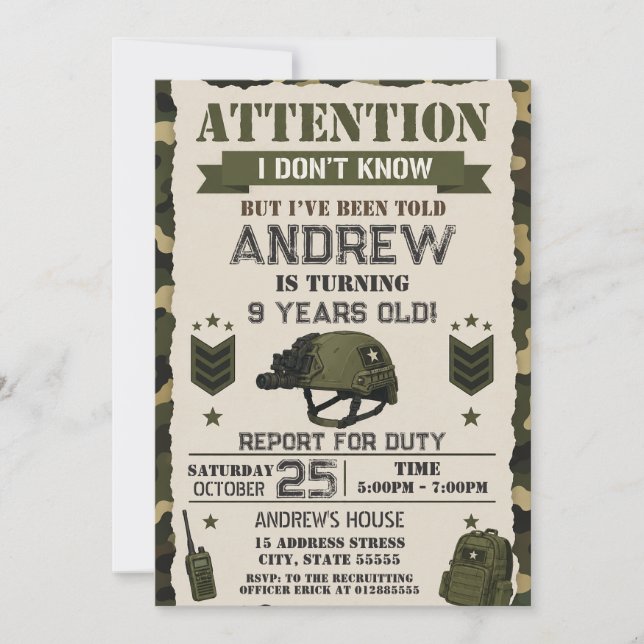 Personal modern Army birthday party Invitation (Front)