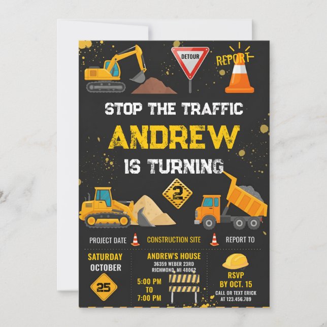 Personal Modern Kids' Construction Birthday Party  Invitation (Front)