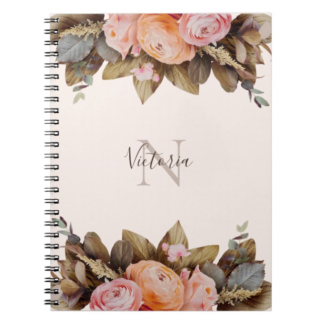Personal Monogram Name Floral Pink  Notebook (Front)