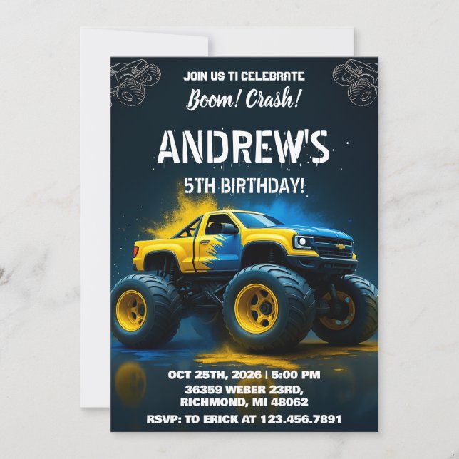 Personal Monster Truck Birthday Party For kids Invitation (Front)