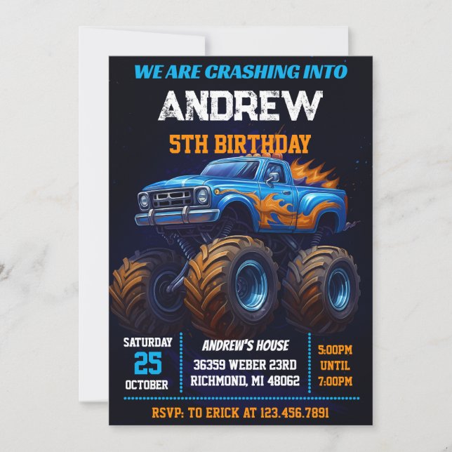 Personal Monster Truck Kids Party Birthday Invitation (Front)