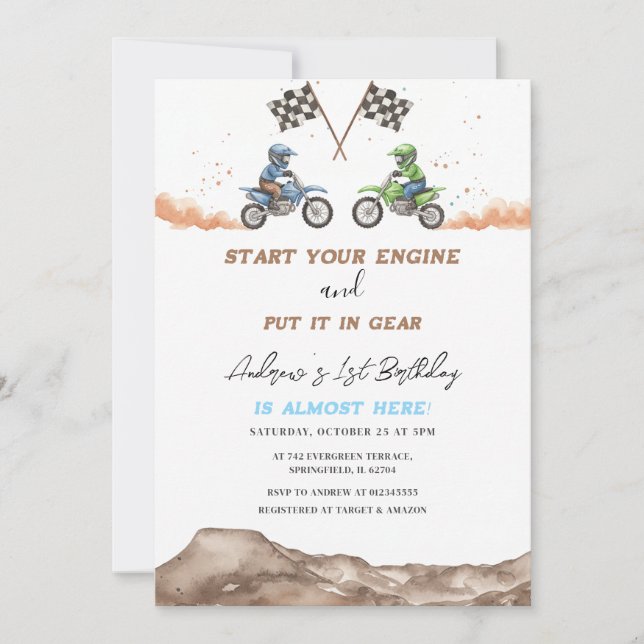 Personal Motocross Dirt Bike First Birthday Invitation (Front)